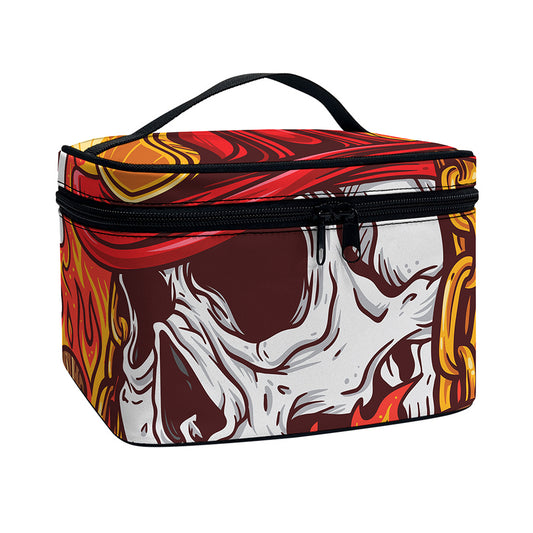 Flaming Firefighter Skull Print Travel Makeup Bag