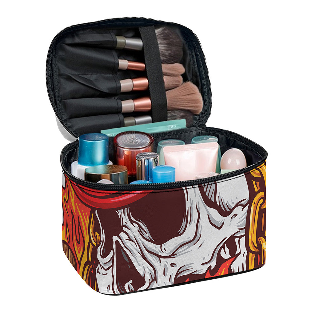 Flaming Firefighter Skull Print Travel Makeup Bag