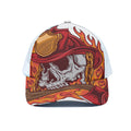 Flaming Firefighter Skull Print White Mesh Trucker Hat