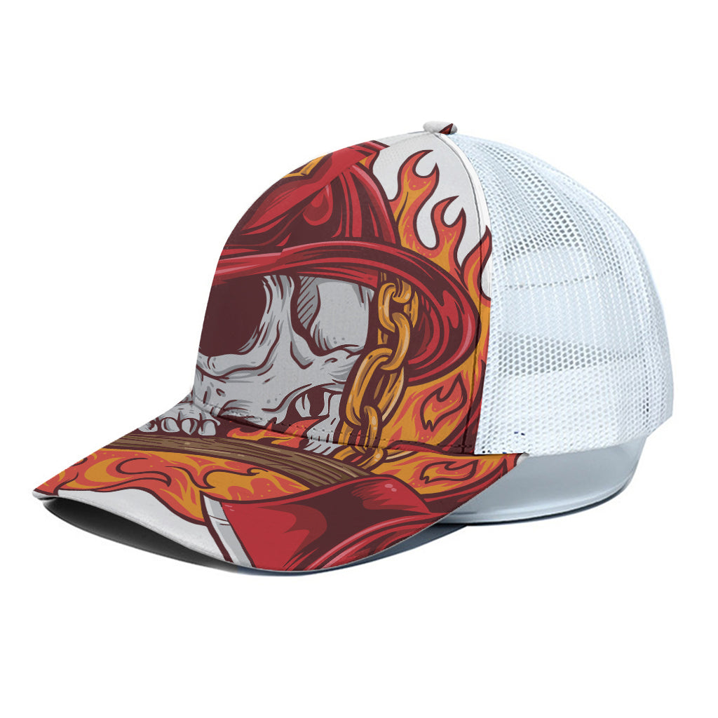Flaming Firefighter Skull Print White Mesh Trucker Cap