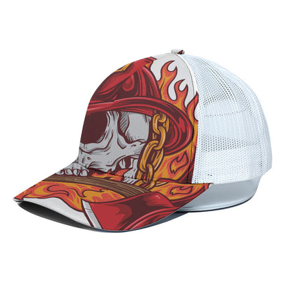 Flaming Firefighter Skull Print White Mesh Trucker Cap