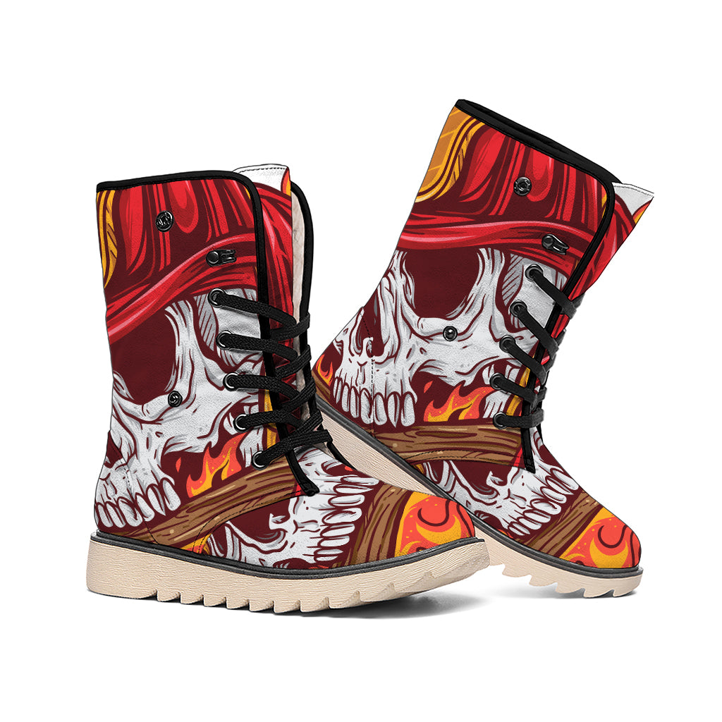 Flaming Firefighter Skull Print Winter Boots