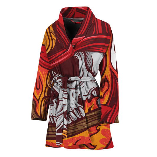 Flaming Firefighter Skull Print Women's Bathrobe