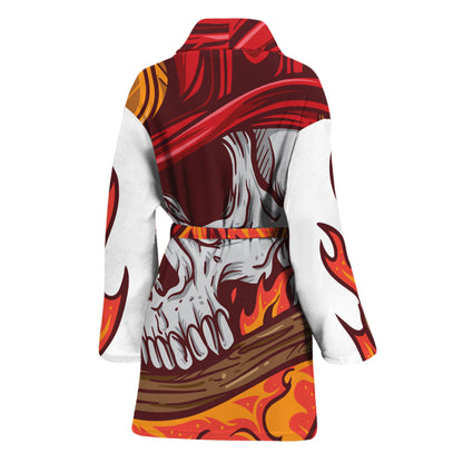 Flaming Firefighter Skull Print Women's Bathrobe