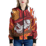 Flaming Firefighter Skull Print Women's Bomber Jacket