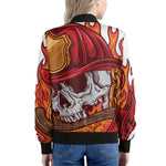 Flaming Firefighter Skull Print Women's Bomber Jacket