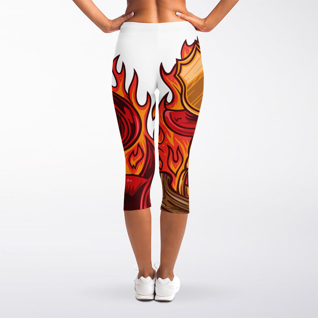 Flaming Firefighter Skull Print Women's Capri Leggings