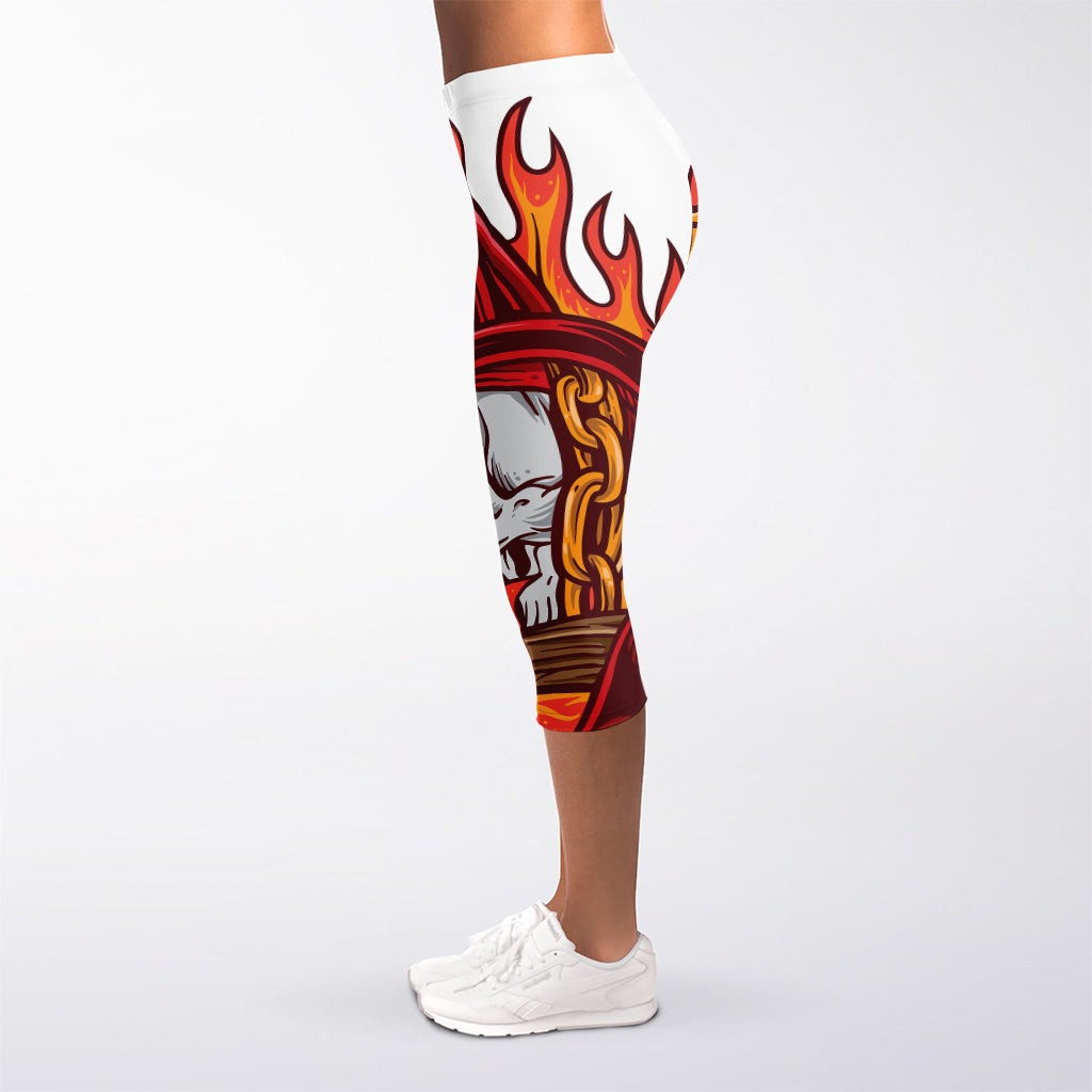 Flaming Firefighter Skull Print Women's Capri Leggings