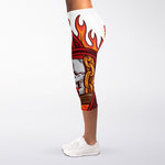 Flaming Firefighter Skull Print Women's Capri Leggings