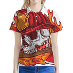 Flaming Firefighter Skull Print Women's Polo Shirt