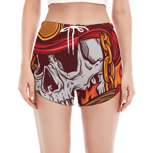 Flaming Firefighter Skull Print Women's Split Running Shorts