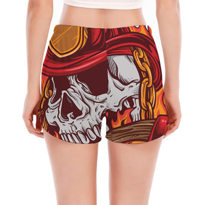 Flaming Firefighter Skull Print Women's Split Running Shorts