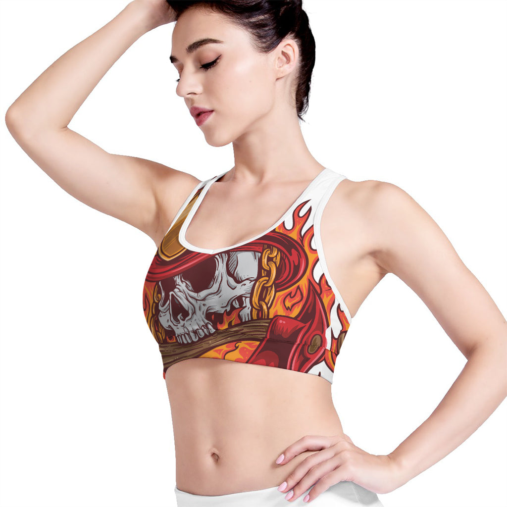 Flaming Firefighter Skull Print Women's Sports Bra