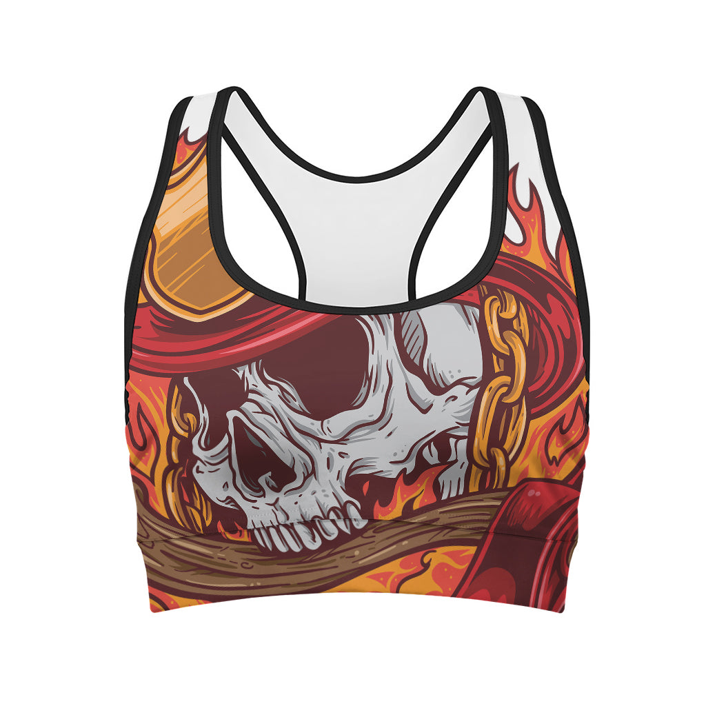 Flaming Firefighter Skull Print Women's Sports Bra