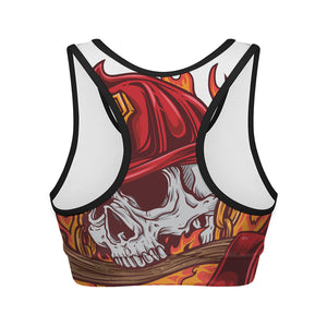 Flaming Firefighter Skull Print Women's Sports Bra