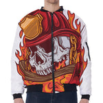 Flaming Firefighter Skull Print Zip Sleeve Bomber Jacket