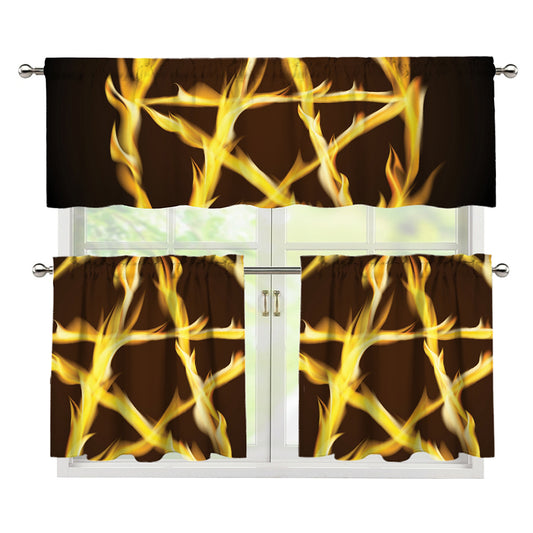 Flaming Pentagram Symbol Print 3 Piece Kitchen Curtains