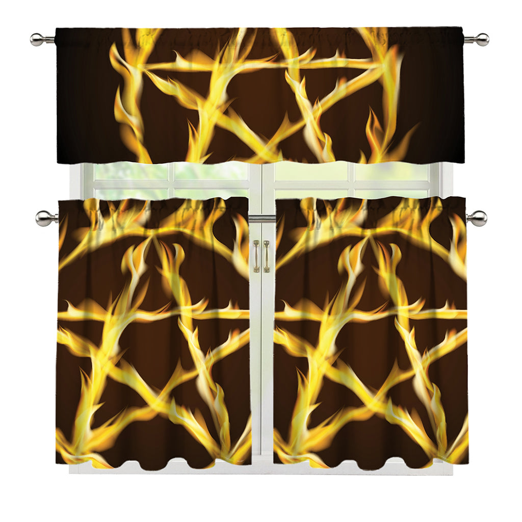 Flaming Pentagram Symbol Print 3 Piece Kitchen Curtains