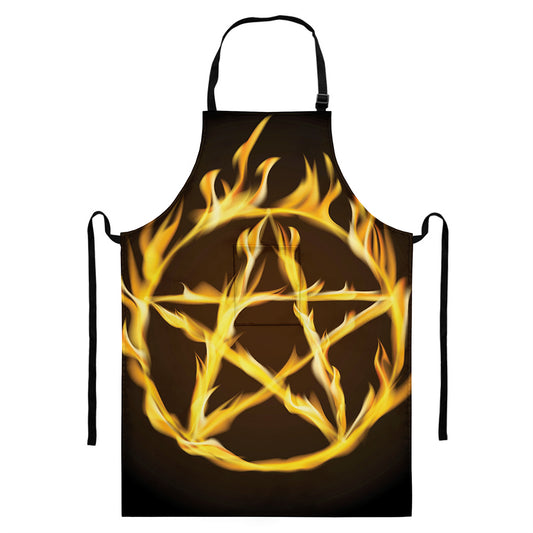 Flaming Pentagram Symbol Print Bib Apron With Pocket