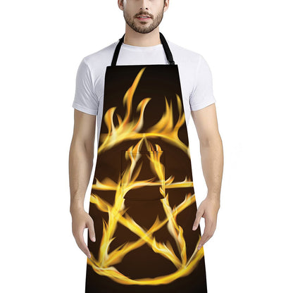 Flaming Pentagram Symbol Print Bib Apron With Pocket