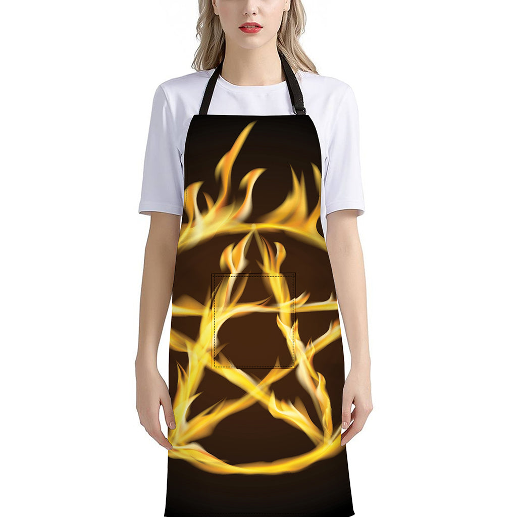 Flaming Pentagram Symbol Print Bib Apron With Pocket