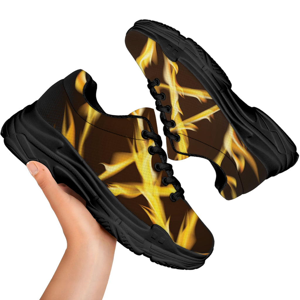 Flaming Pentagram Symbol Print Black Chunky Shoes