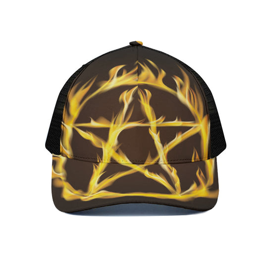 Flaming Pentagram Symbol Print Black Mesh Trucker Cap
