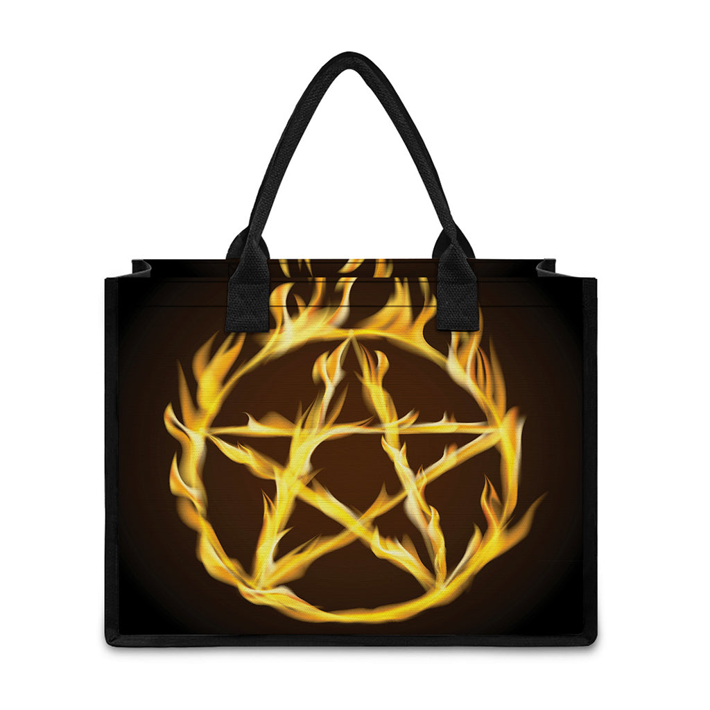 Flaming Pentagram Symbol Print Canvas Tote Bag