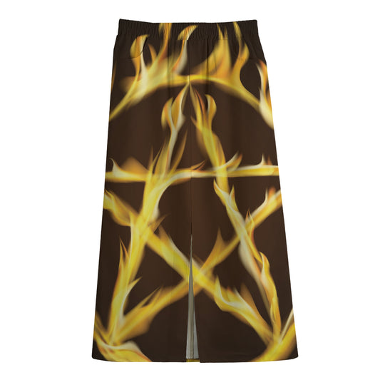 Flaming Pentagram Symbol Print Cotton Front Slit Maxi Skirt