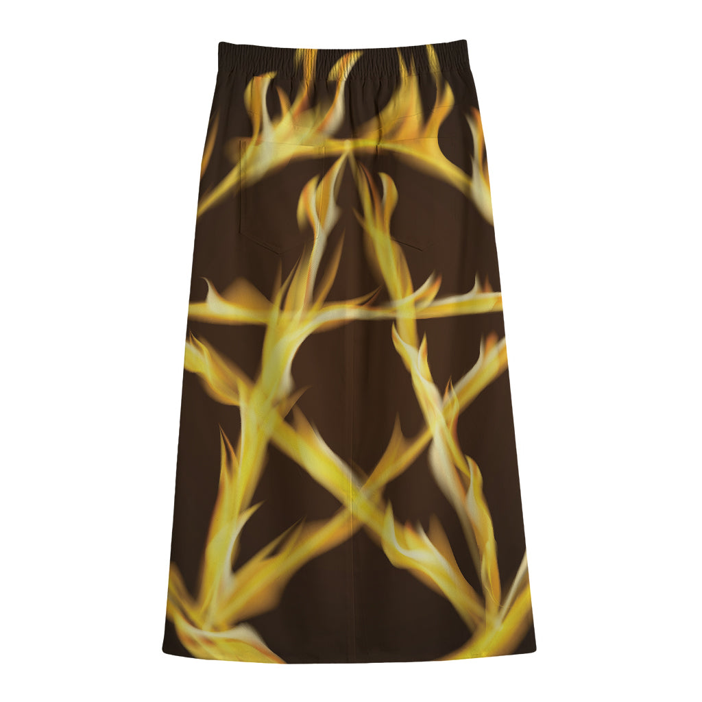 Flaming Pentagram Symbol Print Cotton Front Slit Maxi Skirt
