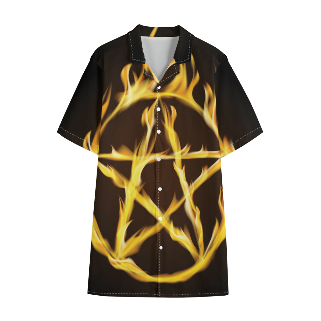 Flaming Pentagram Symbol Print Cotton Hawaiian Shirt