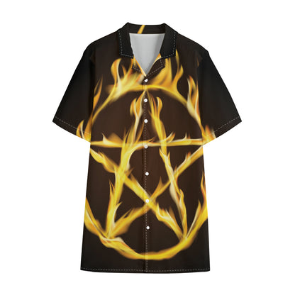Flaming Pentagram Symbol Print Cotton Hawaiian Shirt