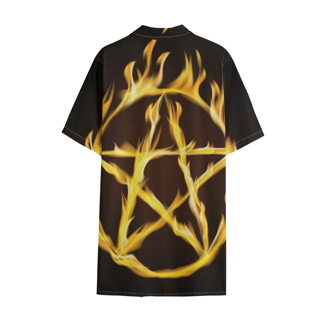 Flaming Pentagram Symbol Print Cotton Hawaiian Shirt