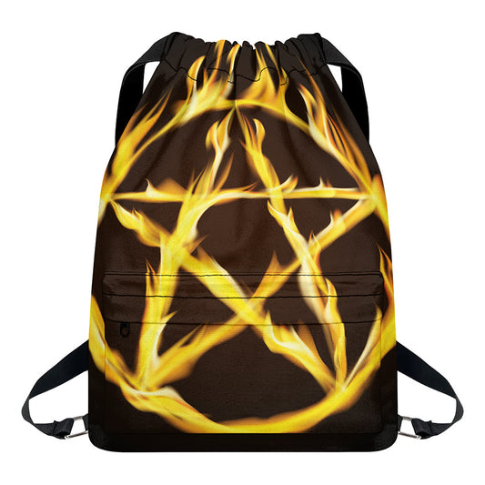 Flaming Pentagram Symbol Print Drawstring Backpack
