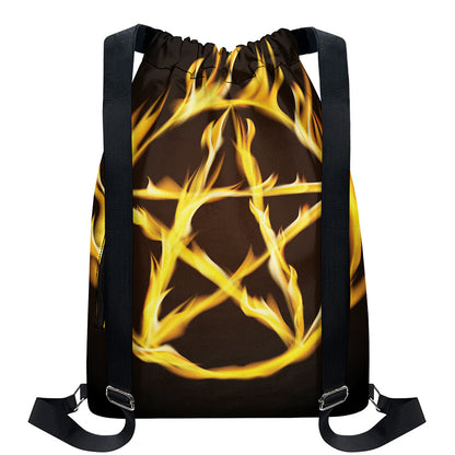 Flaming Pentagram Symbol Print Drawstring Backpack