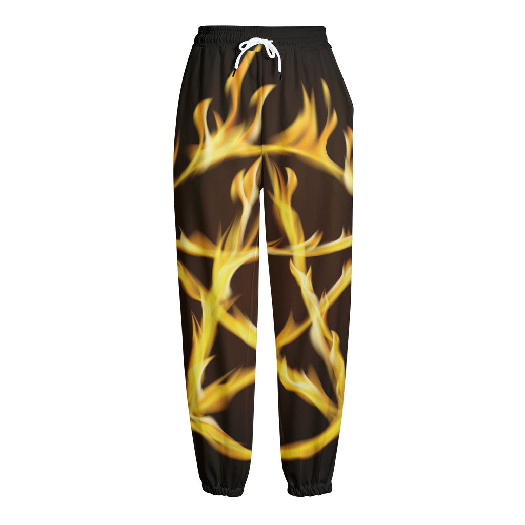 Flaming Pentagram Symbol Print Fleece Lined Knit Pants