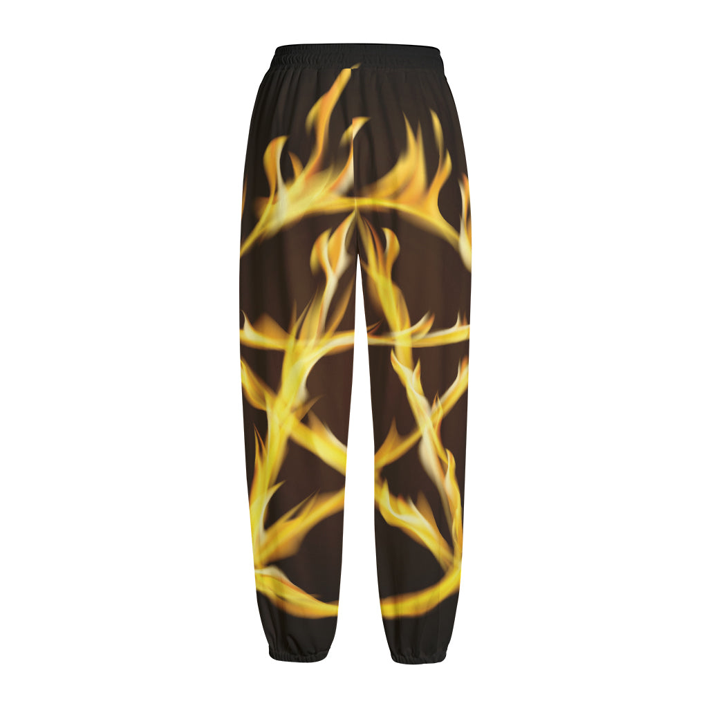 Flaming Pentagram Symbol Print Fleece Lined Knit Pants