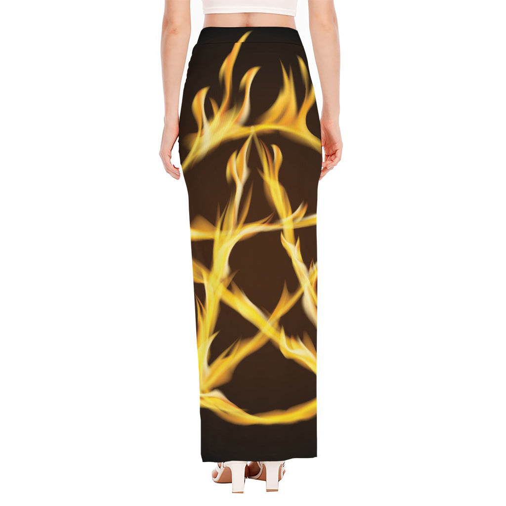 Flaming Pentagram Symbol Print High Slit Maxi Skirt