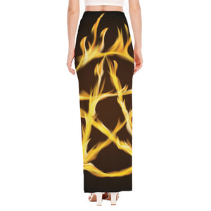 Flaming Pentagram Symbol Print High Slit Maxi Skirt