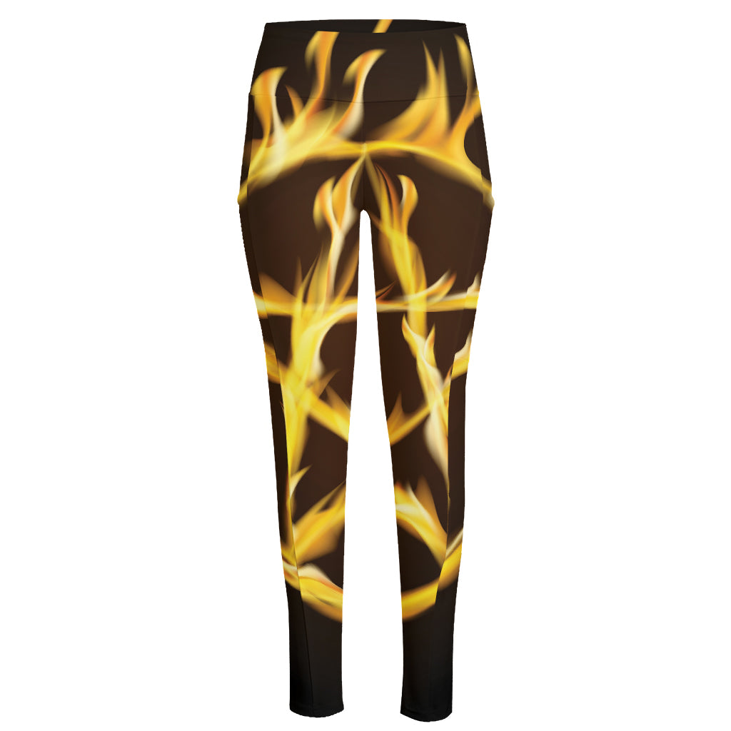 Flaming Pentagram Symbol Print High-Waisted Pocket Leggings