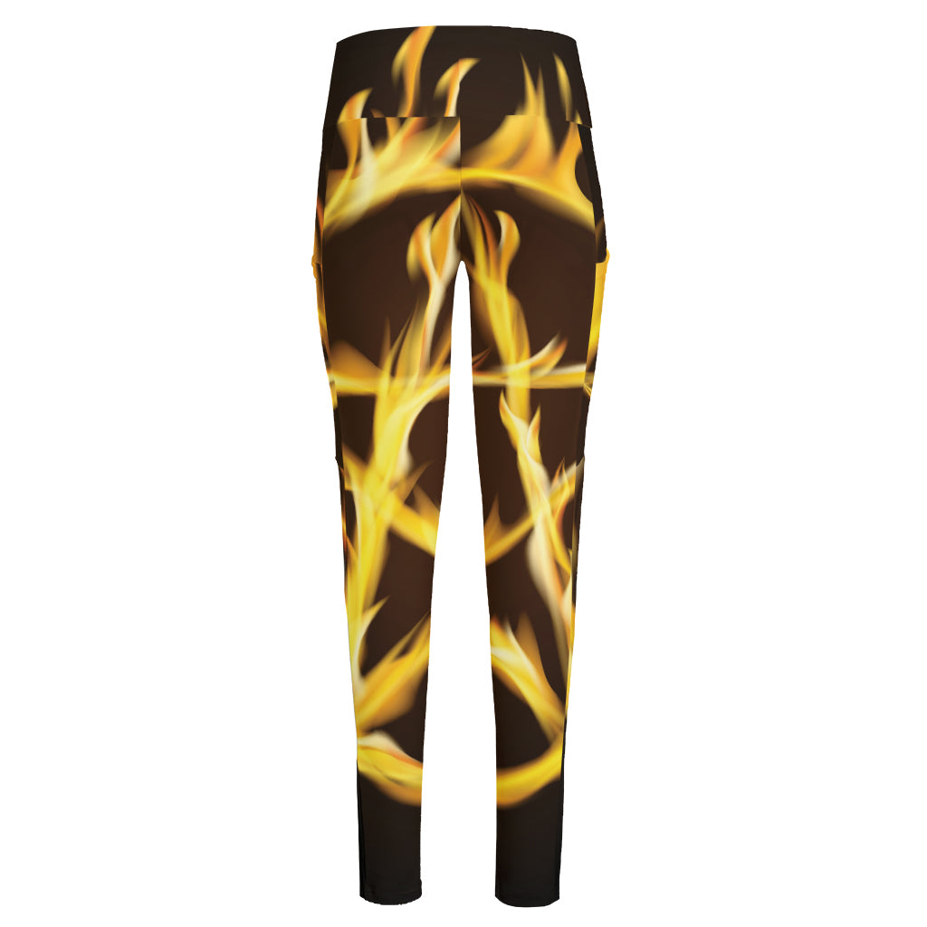 Flaming Pentagram Symbol Print High-Waisted Pocket Leggings
