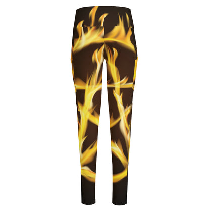 Flaming Pentagram Symbol Print High-Waisted Pocket Leggings