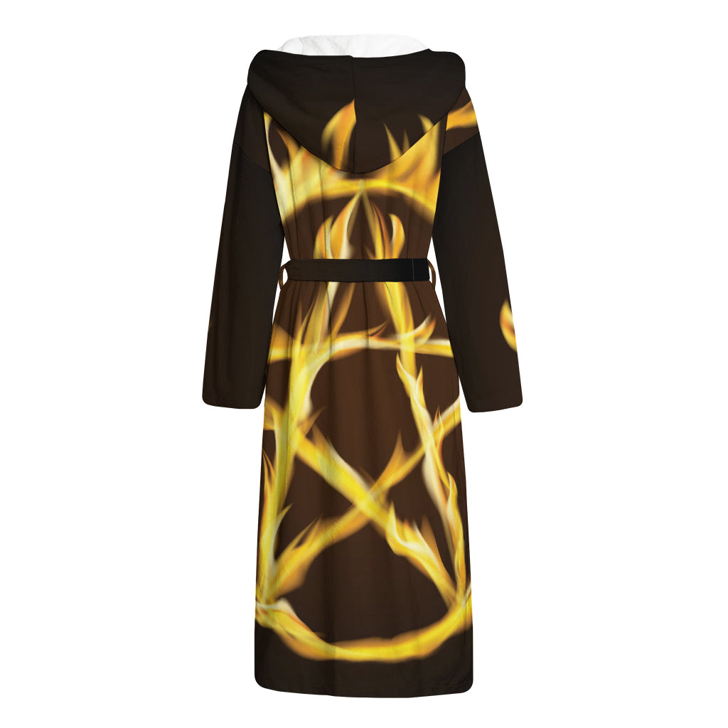 Flaming Pentagram Symbol Print Hooded Bathrobe