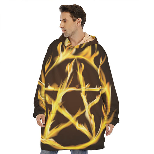 Flaming Pentagram Symbol Print Hoodie Blanket