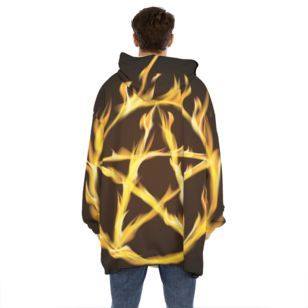 Flaming Pentagram Symbol Print Hoodie Blanket
