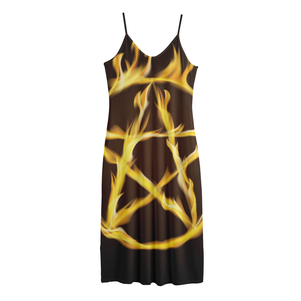 Flaming Pentagram Symbol Print Jersey Midi Cami Dress