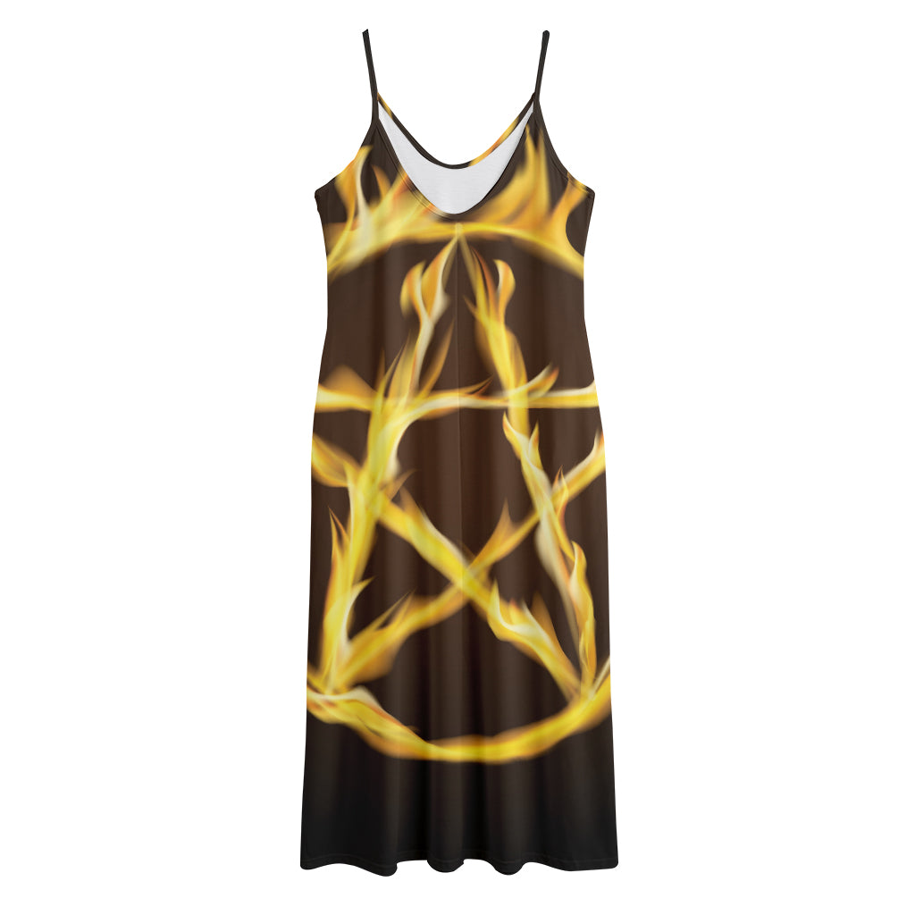 Flaming Pentagram Symbol Print Jersey Midi Cami Dress