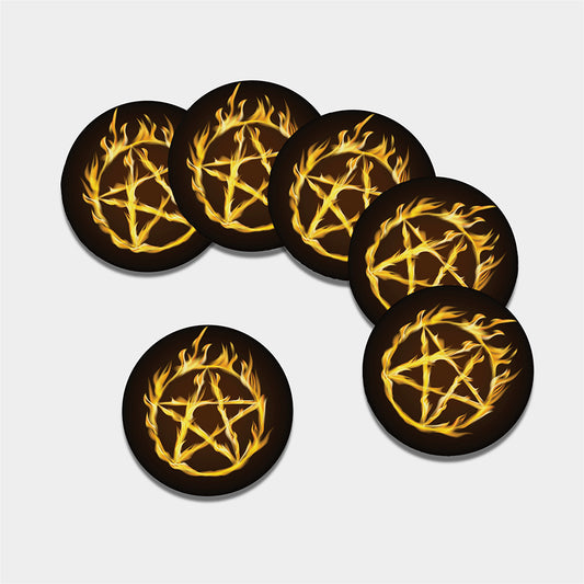 Flaming Pentagram Symbol Print Leather Coaster Set