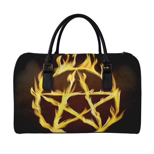 Flaming Pentagram Symbol Print Leather Duffle Bag