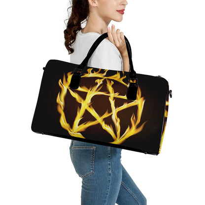 Flaming Pentagram Symbol Print Leather Duffle Bag